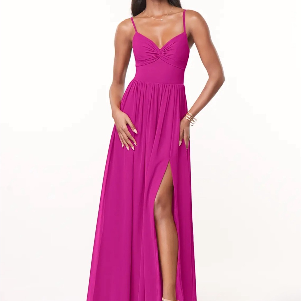 Azazie Zeya Fuchsia A-Line V-Neck Pleated Chiffon Dress size 6